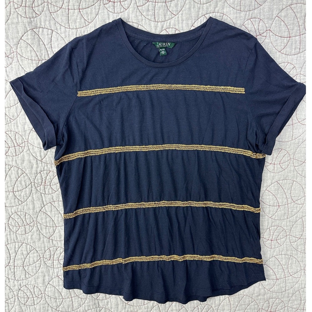 Lauren Ralph Lauren T-Shirt Navy Blue Beaded Striped / Women's XL